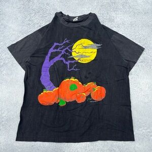 Vintage 1990s Halloween Spooky Pumpkin Patch Faded Black Single Stitch T-Shirt